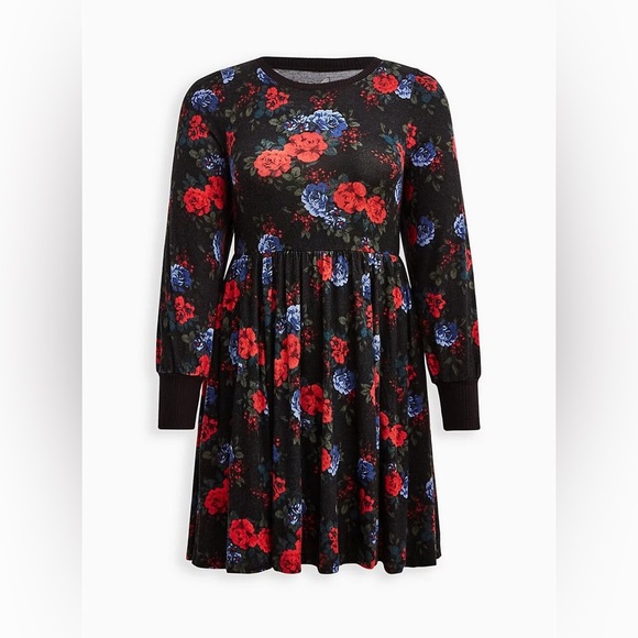 Torrid Plus‎ Size Babydoll Knit Super Soft Plush Floral Print Black LS Dress 1X - Picture 1 of 8